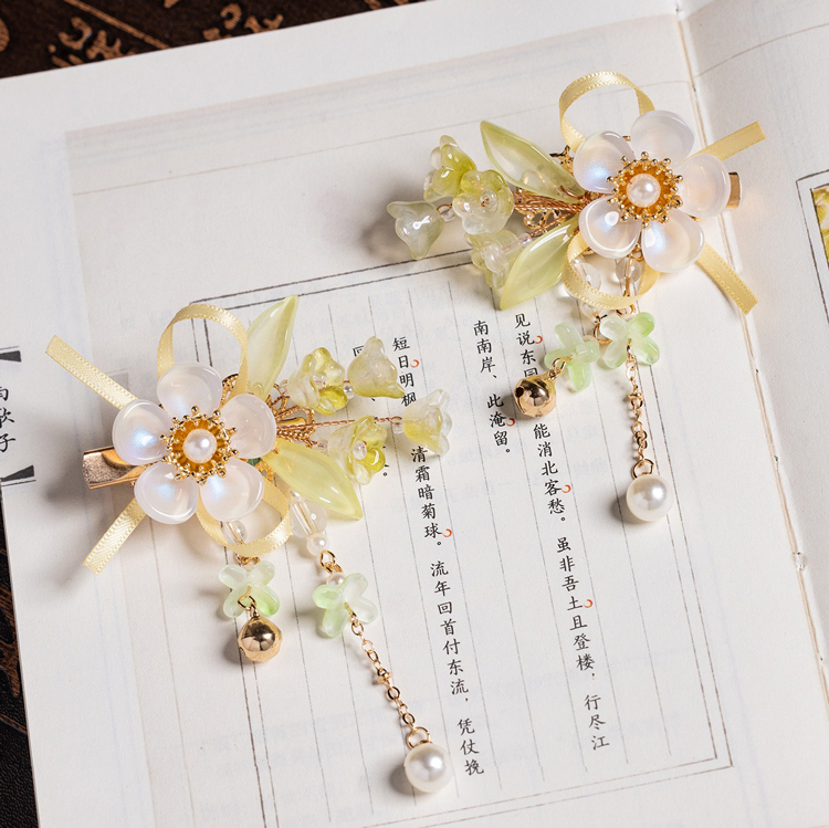 Children Hanfu Accessories Green Lily of the Valley Flower Matching Clips for Girls Classical Accessories
