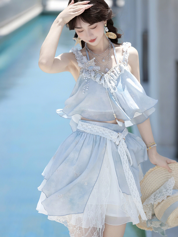 Fashionable Hanfu Summer Tank Top Midi Skirt Set for Sweet Style Girls