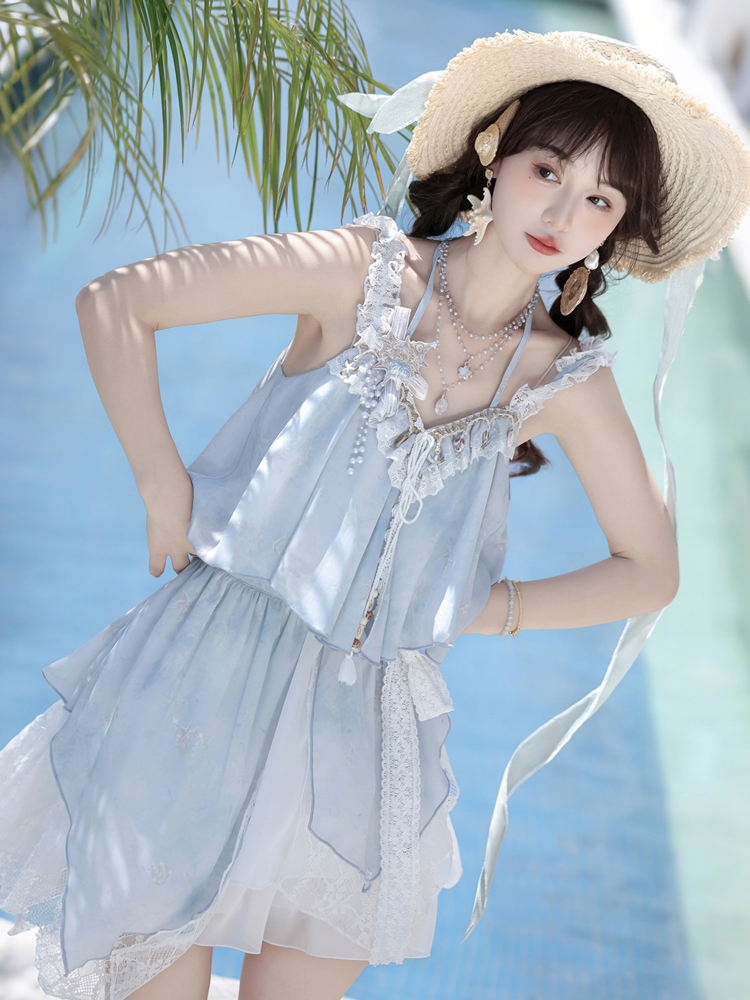 Fashionable Hanfu Summer Tank Top Midi Skirt Set for Sweet Style Girls