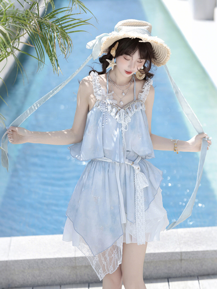 Fashionable Hanfu Summer Tank Top Midi Skirt Set for Sweet Style Girls