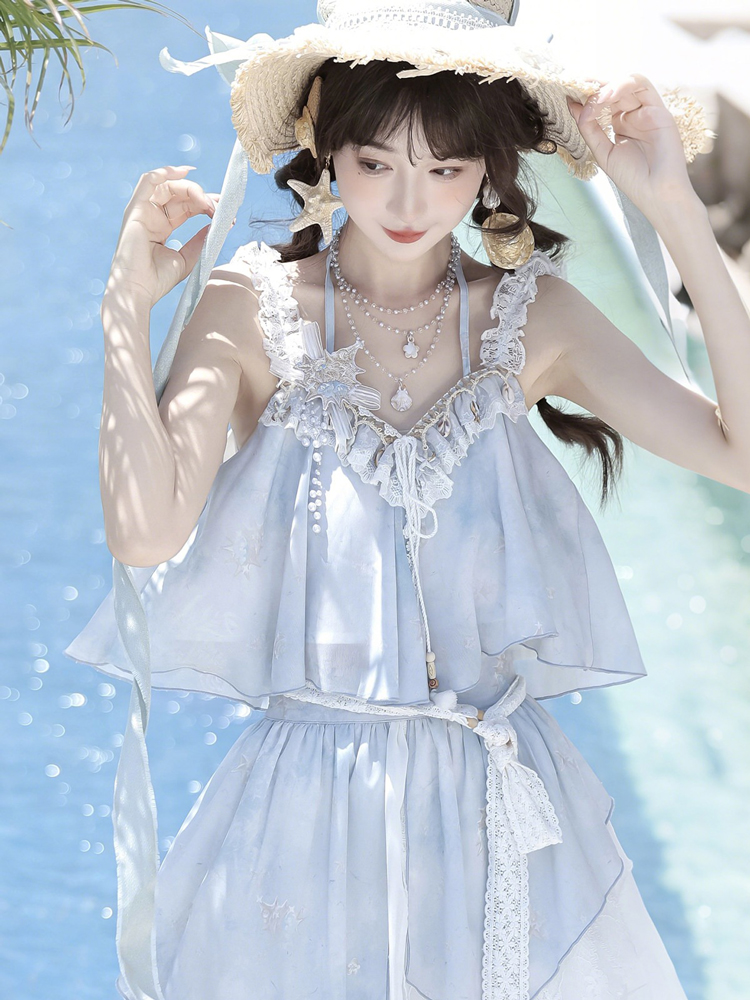 Fashionable Hanfu Summer Tank Top Midi Skirt Set for Sweet Style Girls