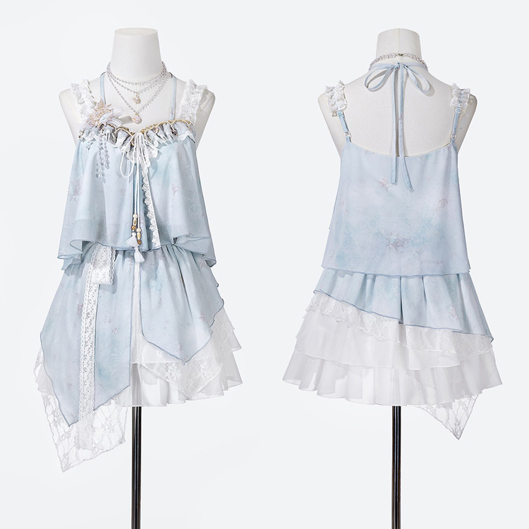 Fashionable Hanfu Summer Tank Top Midi Skirt Set for Sweet Style Girls