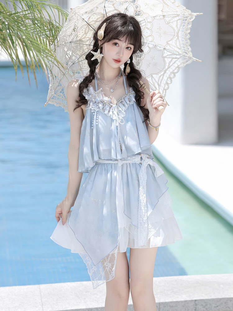 Fashionable Hanfu Summer Tank Top Midi Skirt Set for Sweet Style Girls