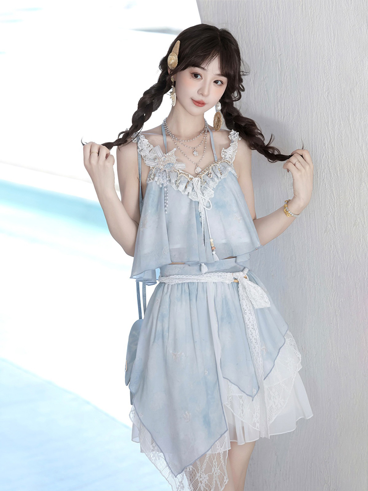 Fashionable Hanfu Summer Tank Top Midi Skirt Set for Sweet Style Girls