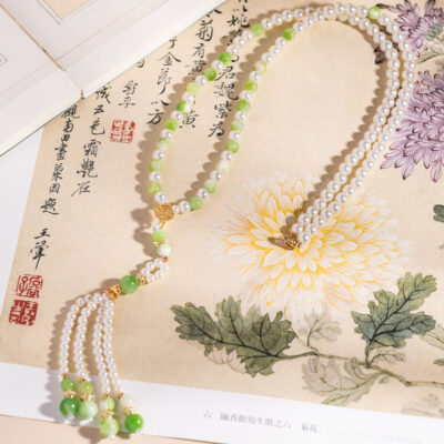 Women Hanfu Green Long Necklace Ming Dynasty Style Ying Luo