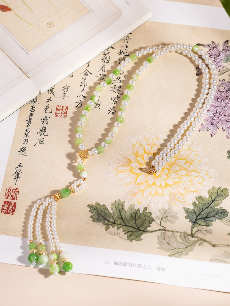 Women Hanfu Green Long Necklace Ming Dynasty Style Ying Luo