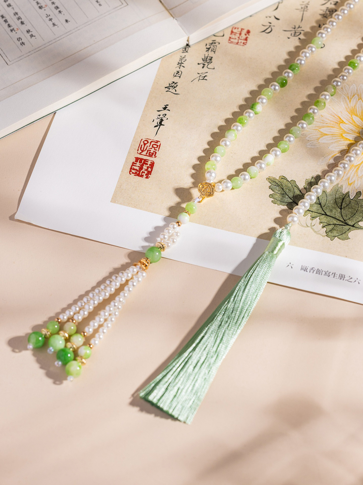 Women Hanfu Green Long Necklace Ming Dynasty Style Ying Luo