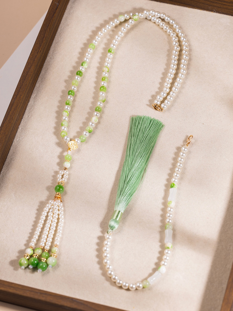 Women Hanfu Green Long Necklace Ming Dynasty Style Ying Luo