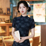 Women Navy Blue Vintage Short-Sleeve Qipao for Everyday Spring Wear