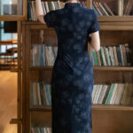 Women Navy Blue Vintage Short-Sleeve Qipao for Everyday Spring Wear