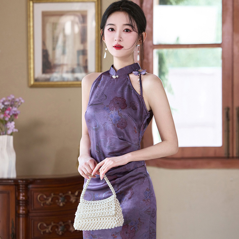 Women-Purple-Qipao-Style-Summer-Fitted-Dress-1 Women Purple Qipao Style Summer Fitted Dress