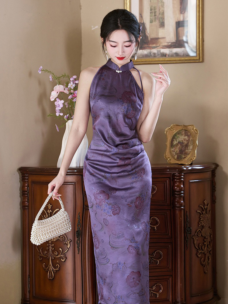 Women Purple Qipao Style Summer Fitted Dress