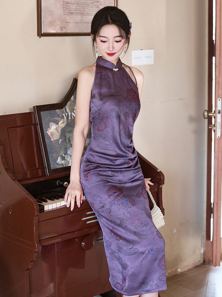 Women Purple Qipao Style Summer Fitted Dress