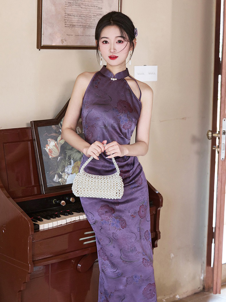 Women Purple Qipao Style Summer Fitted Dress