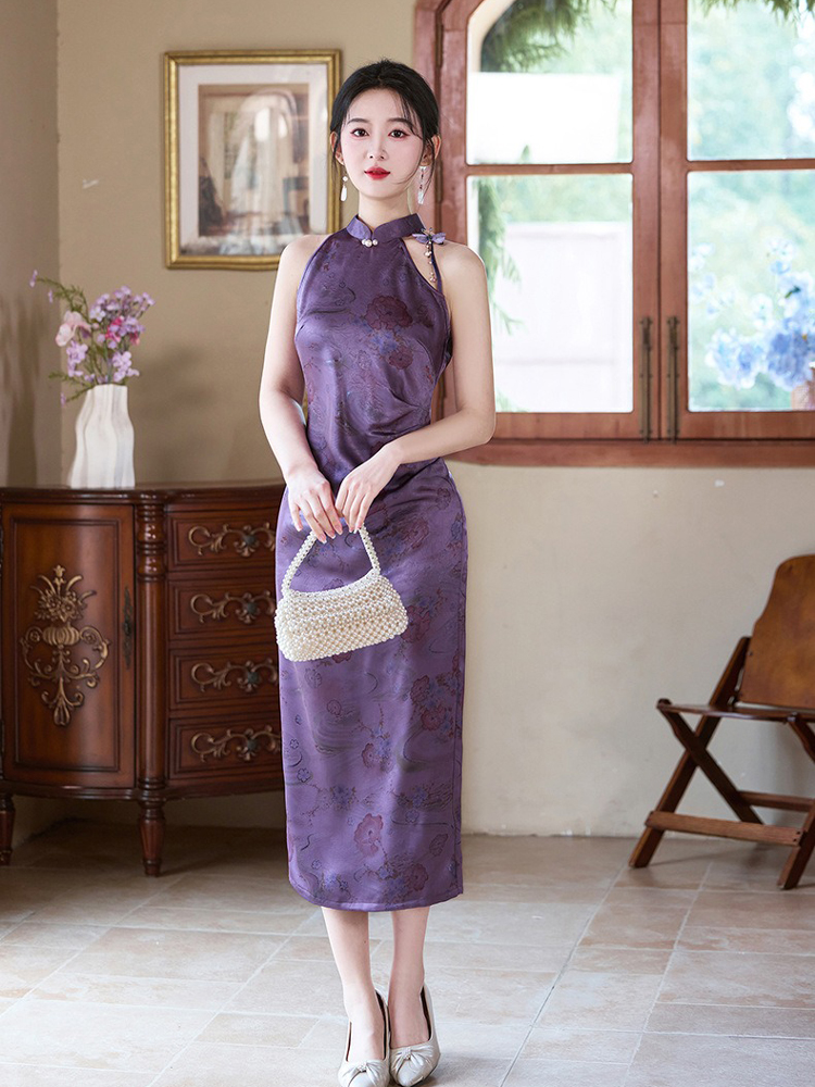 Women Purple Qipao Style Summer Fitted Dress