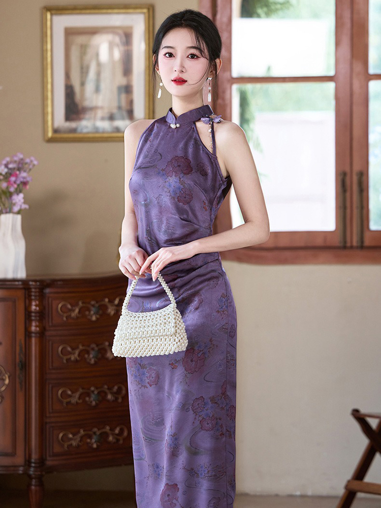 Women Purple Qipao Style Summer Fitted Dress