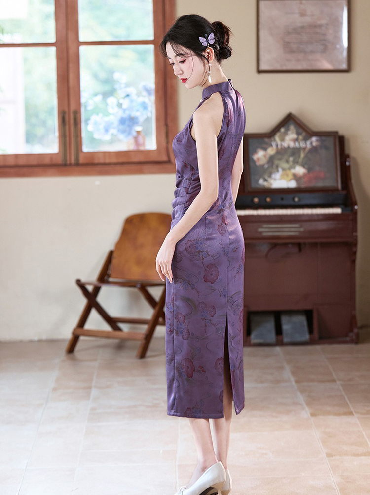 Women Purple Qipao Style Summer Fitted Dress