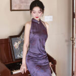 Women Purple Qipao Style Summer Fitted Dress