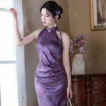 Women Purple Qipao Style Summer Fitted Dress