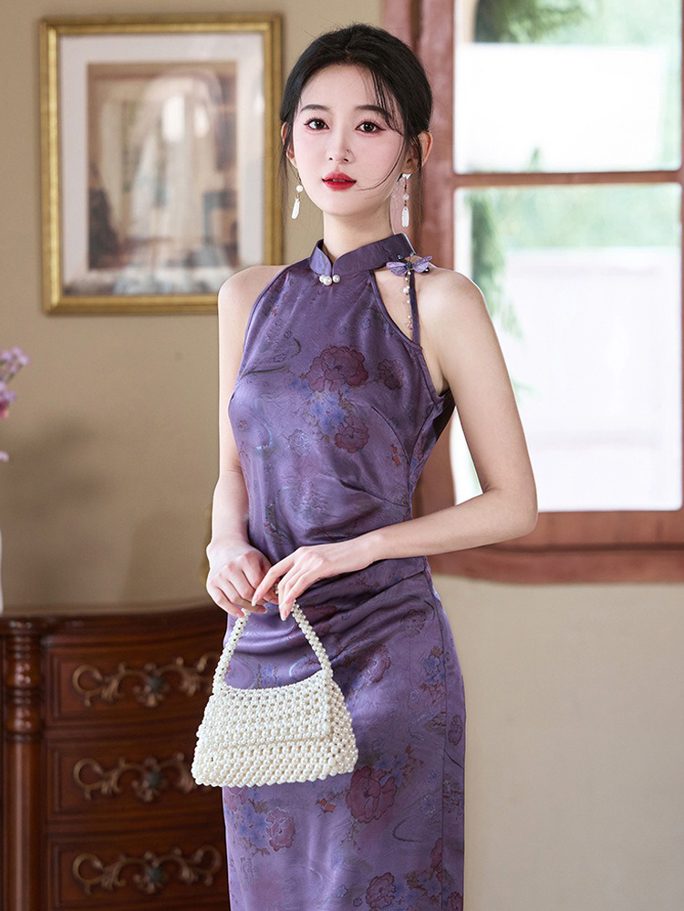 Women Purple Qipao Style Summer Fitted Dress