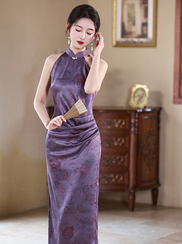 Women Purple Qipao Style Summer Fitted Dress