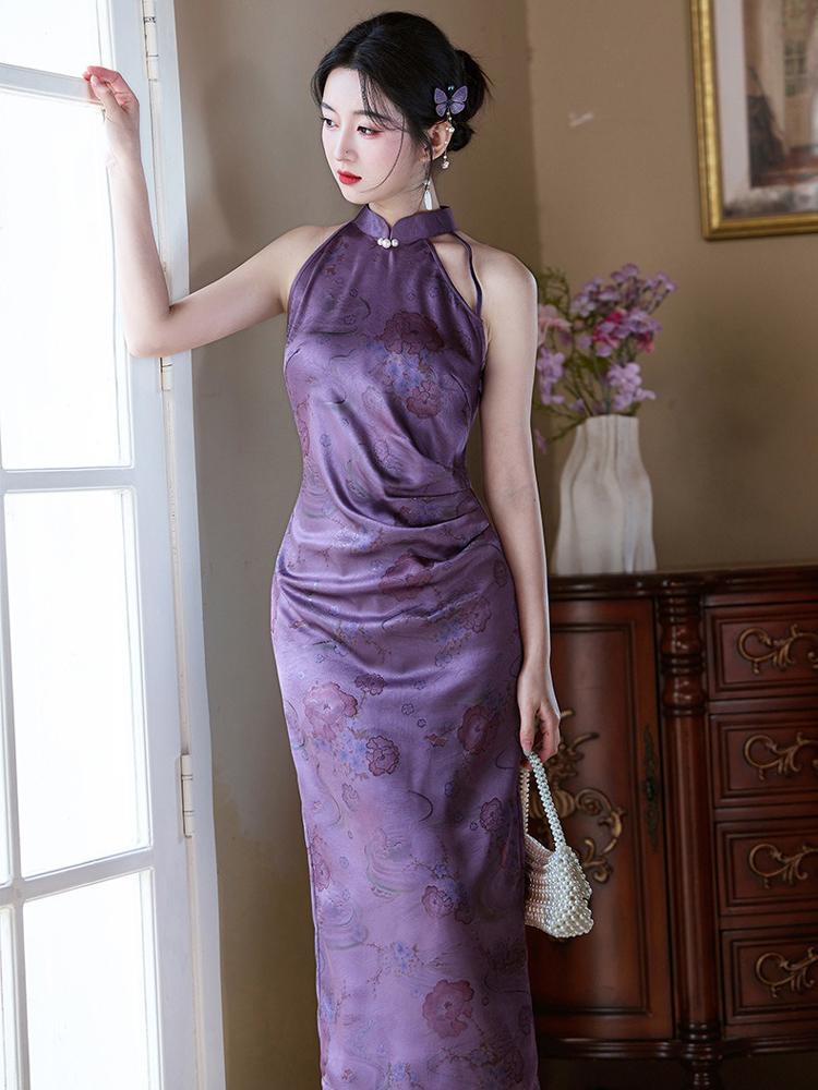 Women Purple Qipao Style Summer Fitted Dress
