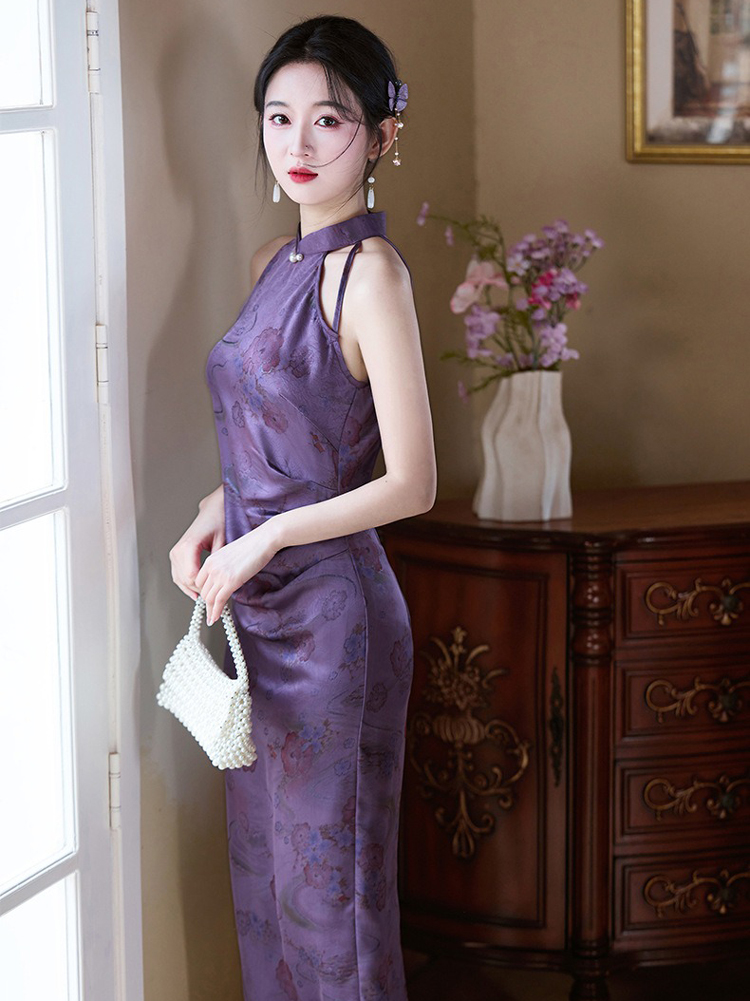 Women Purple Qipao Style Summer Fitted Dress