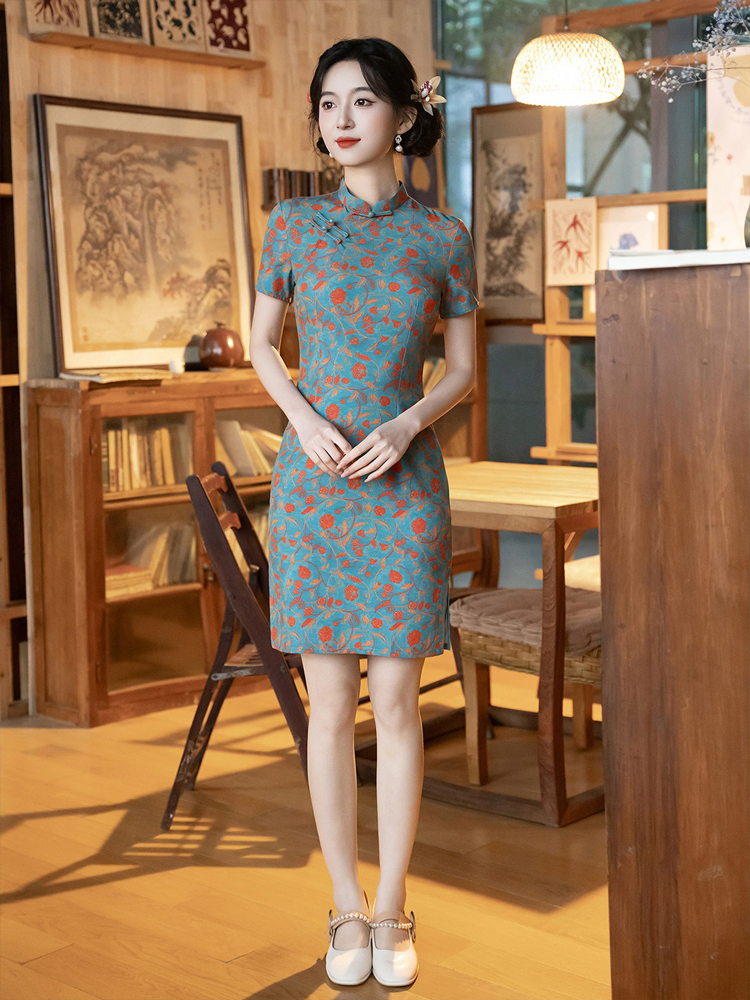 Women Short Qipao Summer Short-Sleeve Casual Dress