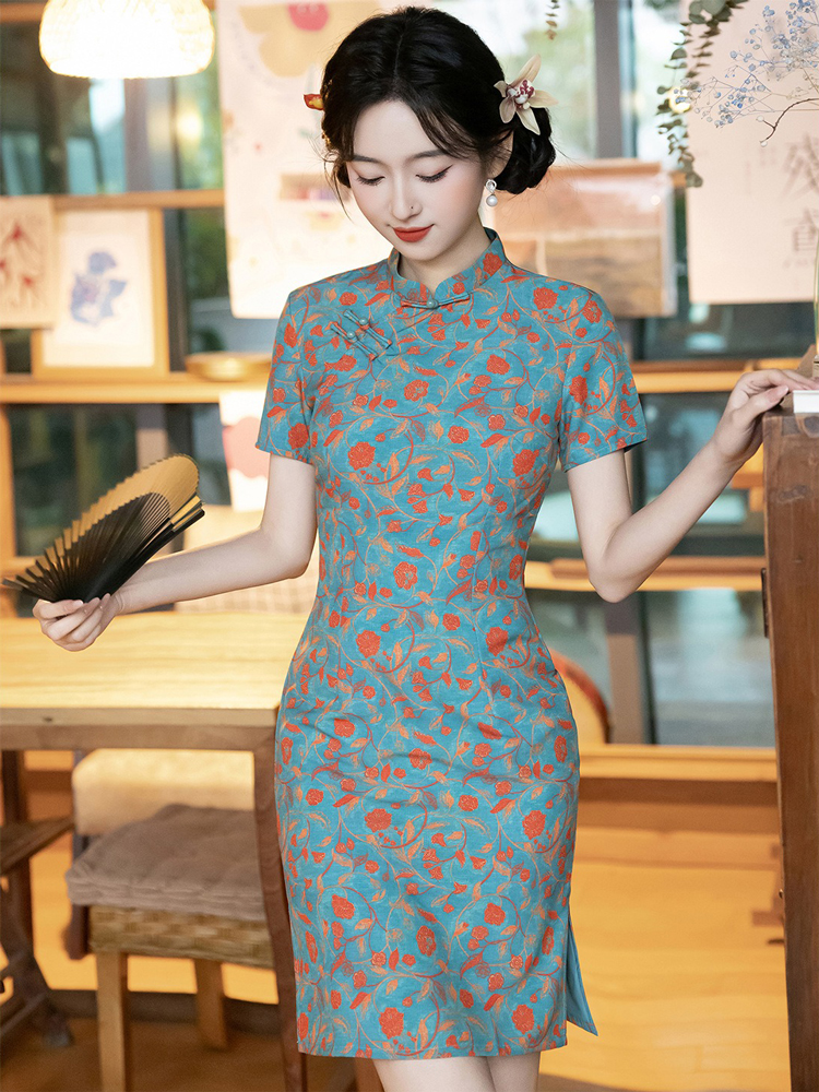 Women Short Qipao Summer Short-Sleeve Casual Dress