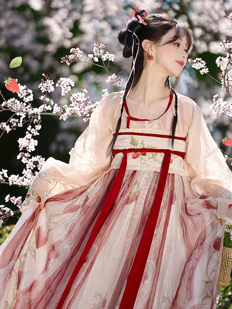 Women Tang Dynasty Hanfu Set Qixiong Style Strawberry Design Fresh Casual