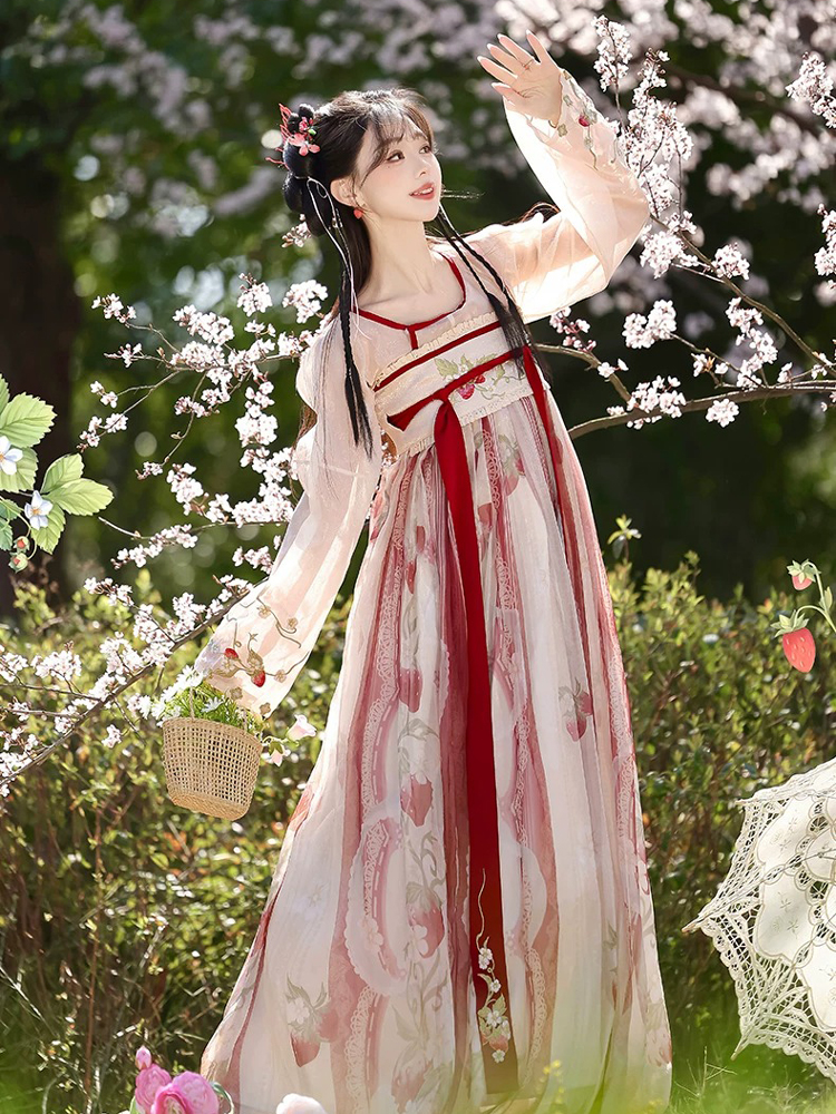 Women Tang Dynasty Hanfu Set Qixiong Style Strawberry Design Fresh Casual