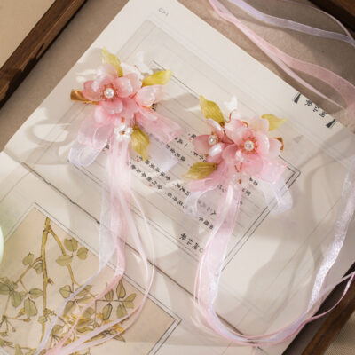 Cute Children Hanfu Headwear Cherry Blossom Hair Clips and Spring-Themed Ribbon Hair Accessories