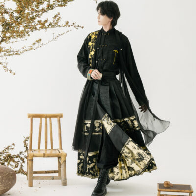 Men Casual Hanfu Ming Dynasty Style Mamian Skirt Modern Stand Collar Shirt