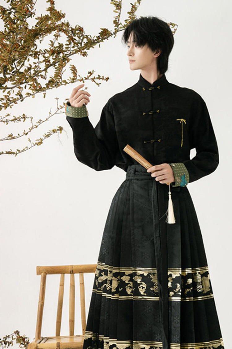 Men Casual Hanfu Ming Dynasty Style Mamian Skirt Modern Stand Collar Shirt