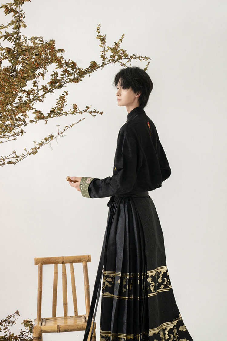 Men Casual Hanfu Ming Dynasty Style Mamian Skirt Modern Stand Collar Shirt
