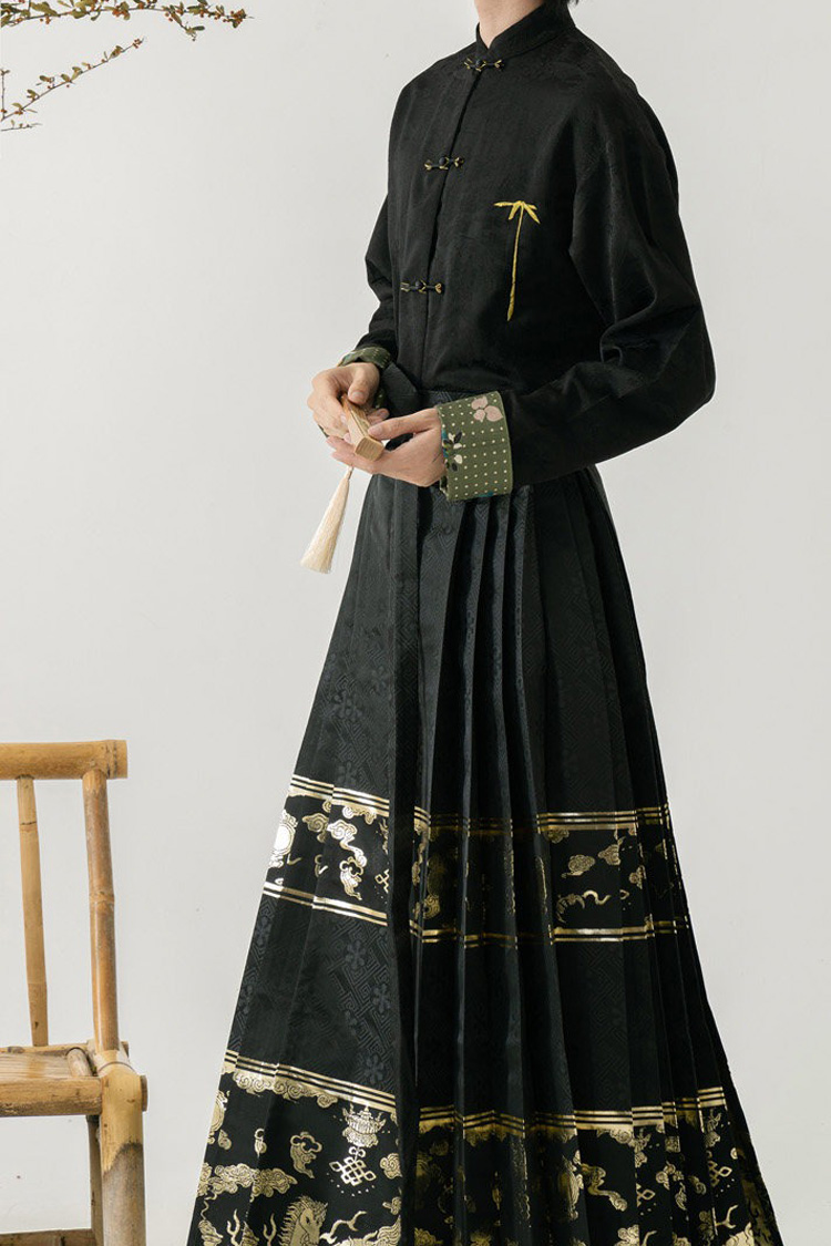 Men Casual Hanfu Ming Dynasty Style Mamian Skirt Modern Stand Collar Shirt