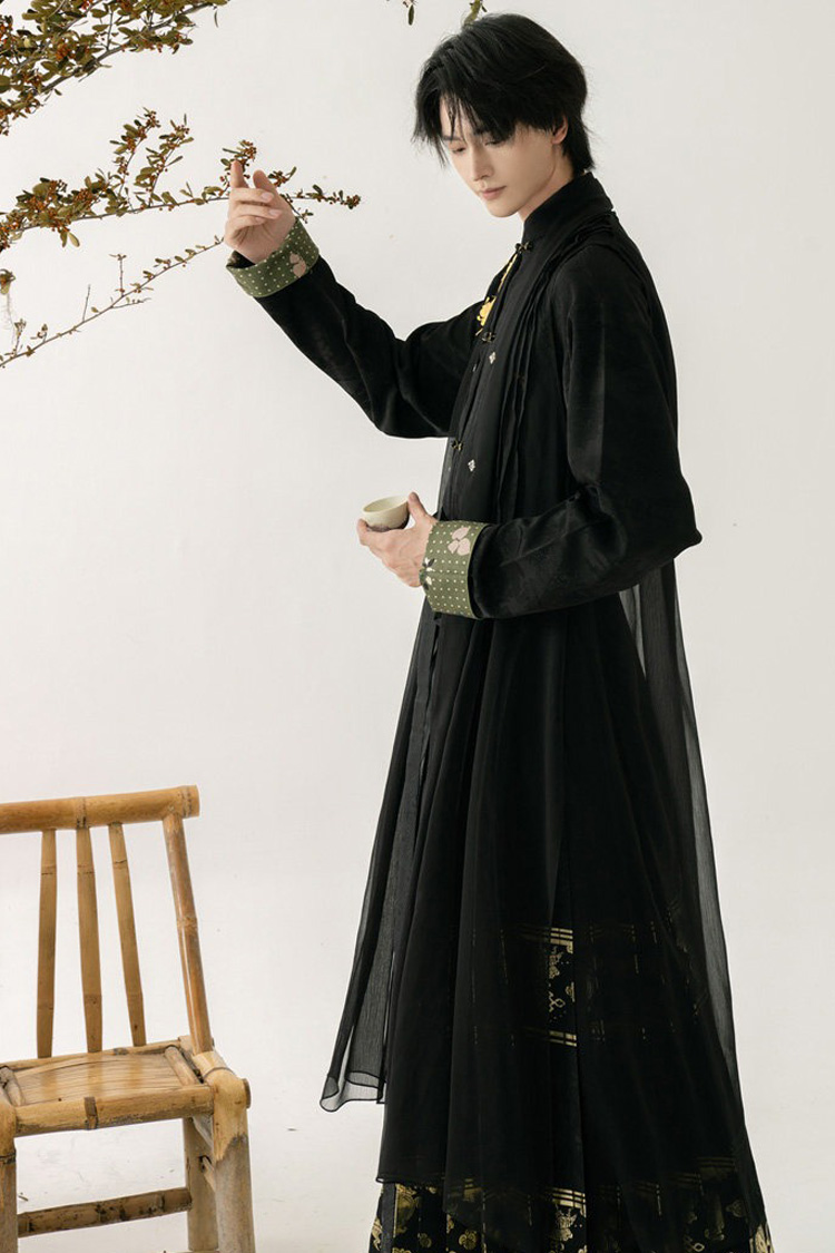 Men Casual Hanfu Ming Dynasty Style Mamian Skirt Modern Stand Collar Shirt