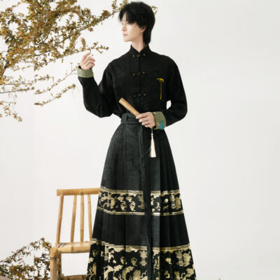 Men Casual Hanfu Ming Dynasty Style Mamian Skirt Modern Stand Collar Shirt