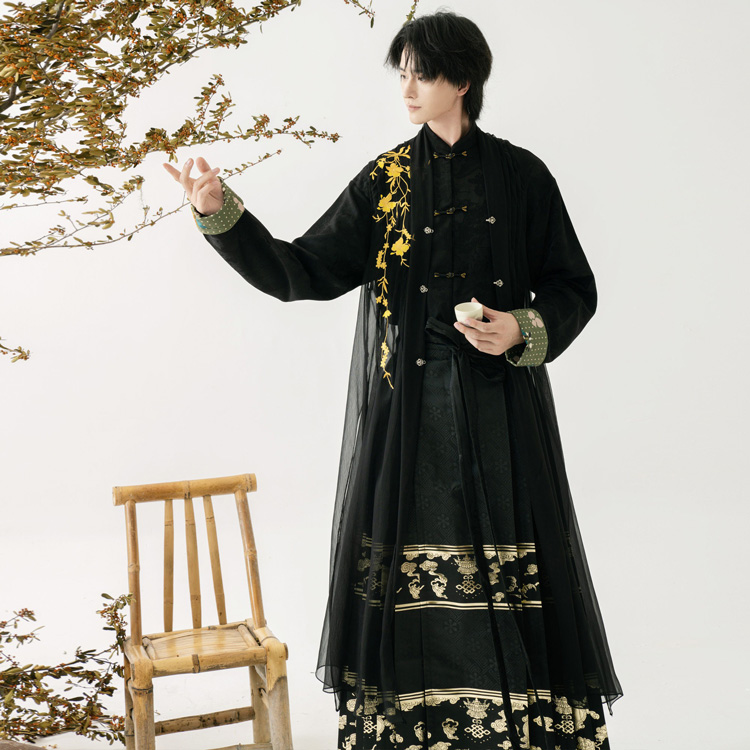 Men Casual Hanfu Ming Dynasty Style Mamian Skirt Modern Stand Collar Shirt