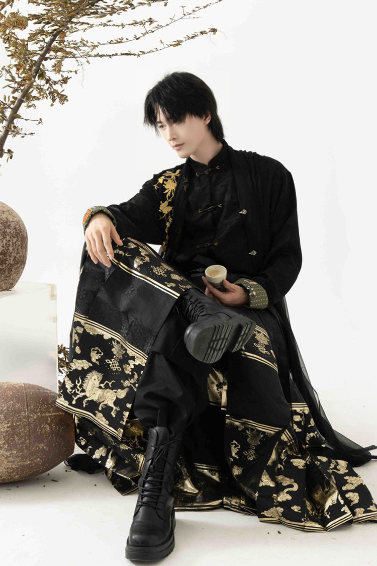 Men Casual Hanfu Ming Dynasty Style Mamian Skirt Modern Stand Collar Shirt