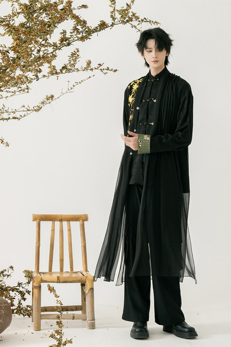 Men Casual Hanfu Ming Dynasty Style Mamian Skirt Modern Stand Collar Shirt
