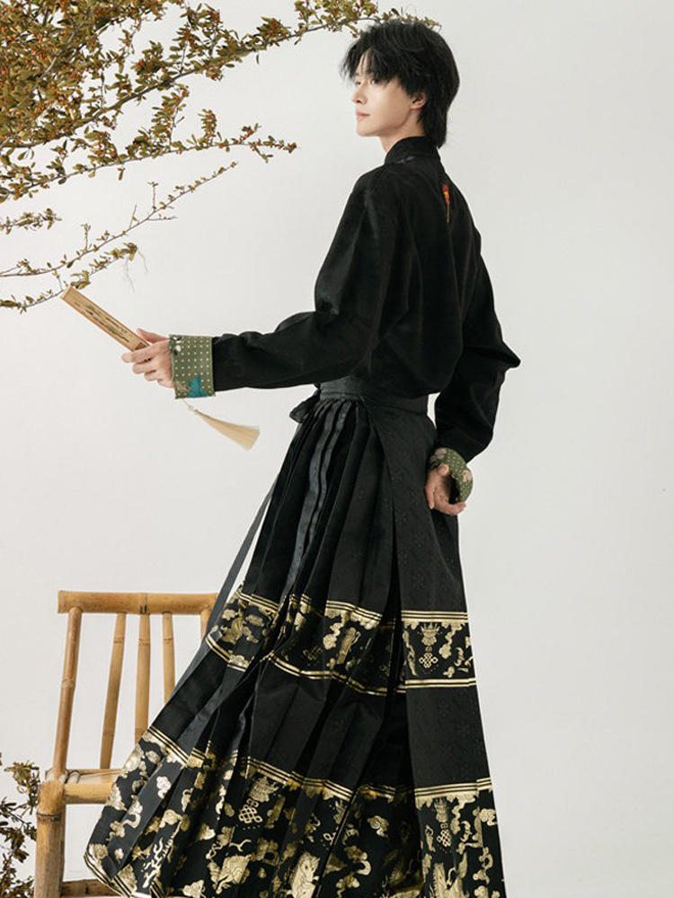Men Casual Hanfu Ming Dynasty Style Mamian Skirt Modern Stand Collar Shirt
