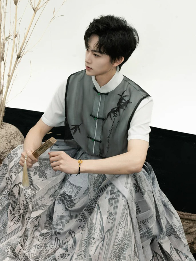 Men Ming Dynasty Hanfu Modern Style Ma Mian Silver Skirt