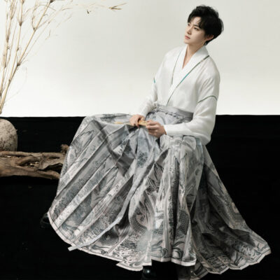 Men Ming Dynasty Hanfu Modern Style Ma Mian Silver Skirt
