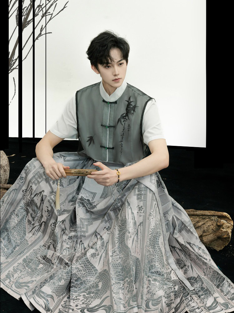 Men Ming Dynasty Hanfu Modern Style Ma Mian Silver Skirt