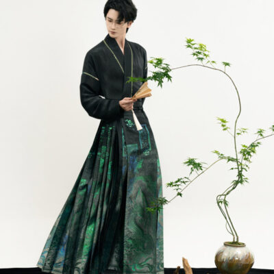 Modern Men Hanfu Ming Dynasty Style Ma Mian Skirt in Green