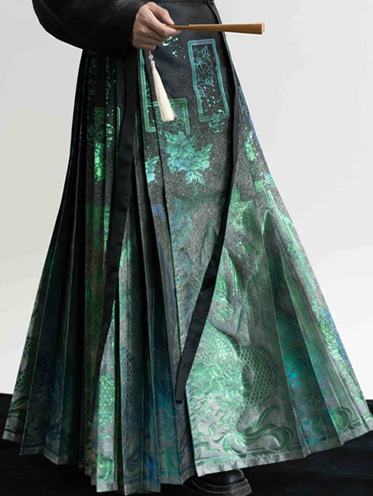 Modern Men Hanfu Ming Dynasty Style Ma Mian Skirt in Green