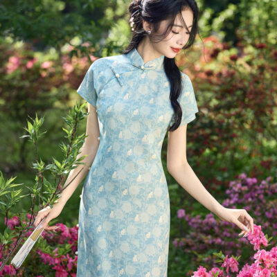 New Summer Women's Qipao Blue Short-Sleeve Long Cheongsam
