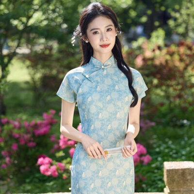 New Summer Women's Qipao Blue Short-Sleeve Long Cheongsam