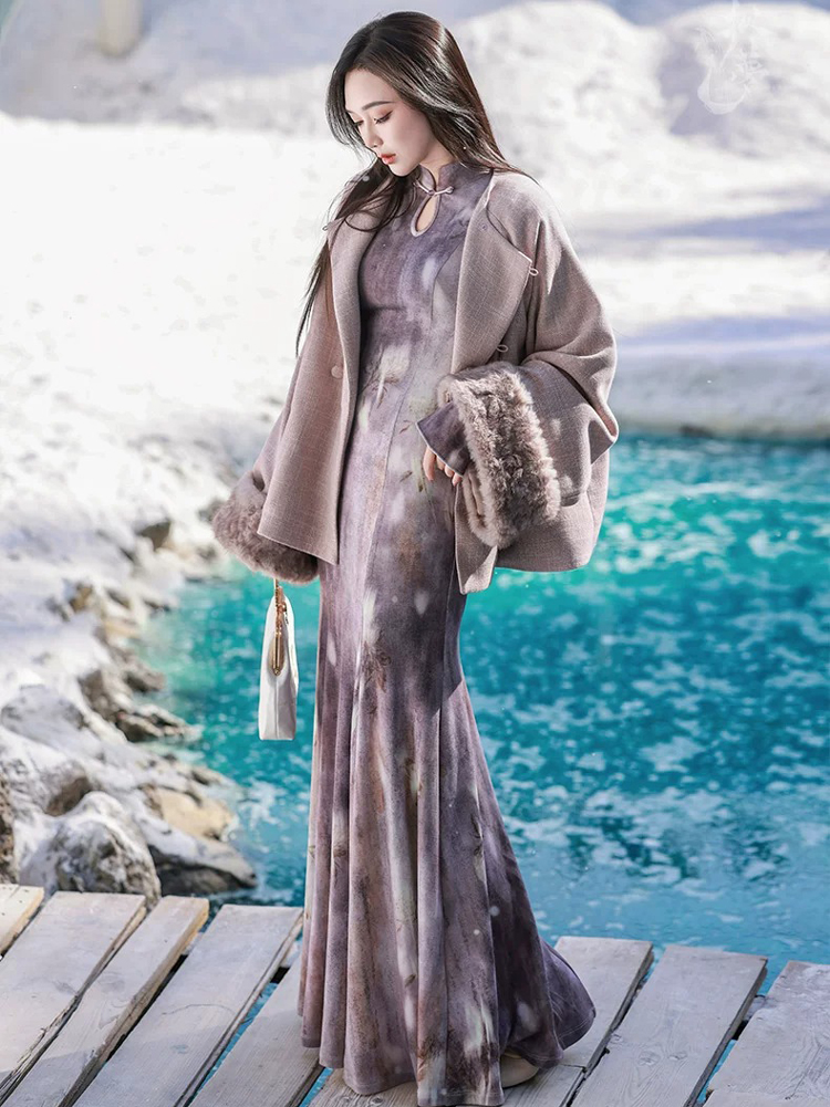 Spring Women Fishtail Skirt Feminine Style Purple Dress